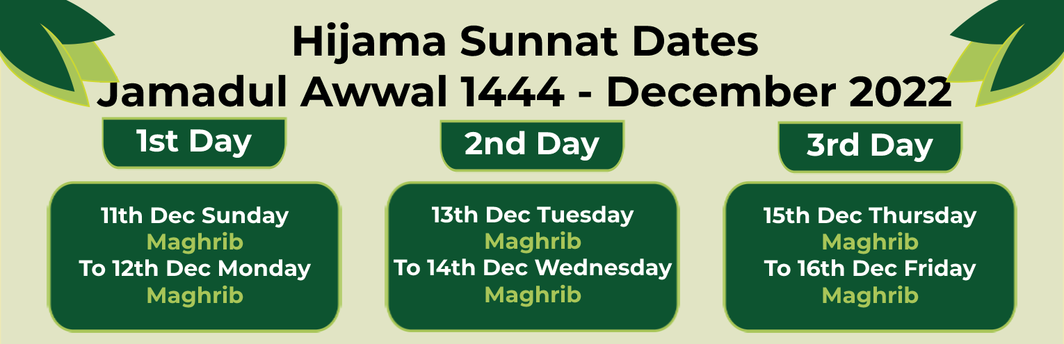 Hijama, Cupping Therapy, December 2022, Jumadul Awwal, dates